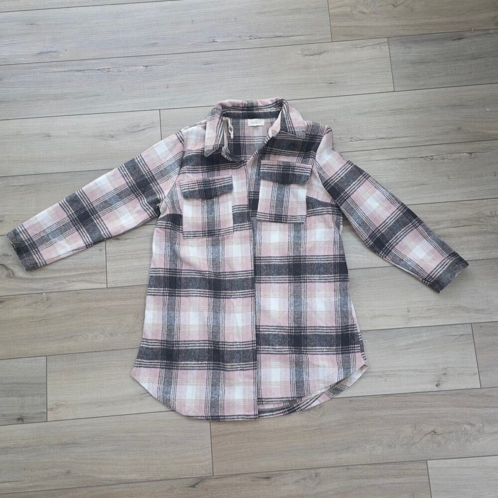 Melloday Long Flannel Open Cardigan Cream/Pink Plaid Jacket Women Plus Sz 1X - Picture 3 of 12